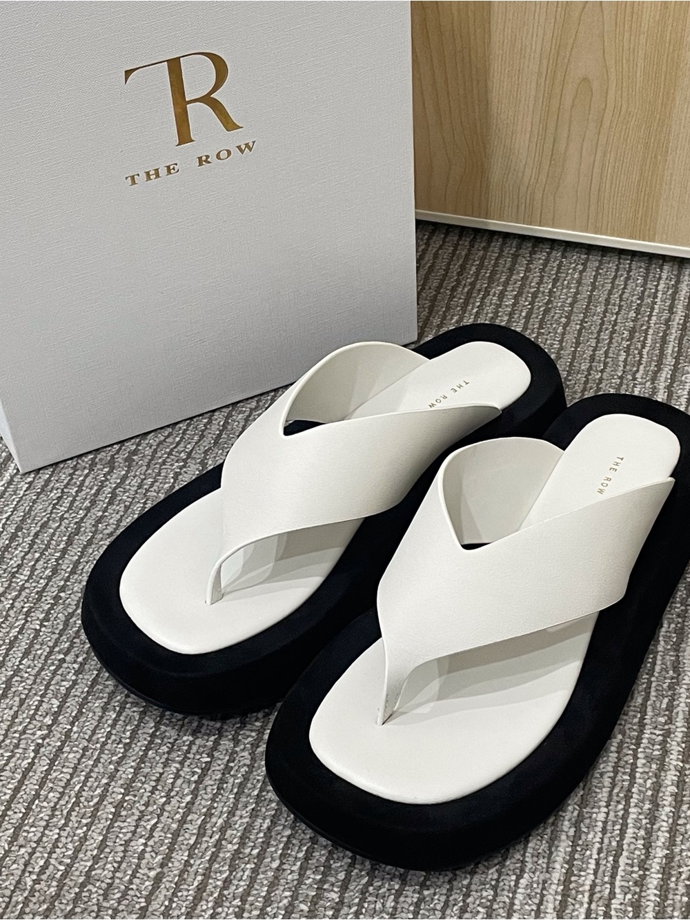 The Row White Leather Thong Platform Sandals with Black Sole